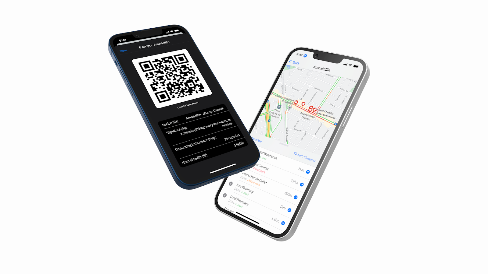 Phone mockups of the QR code screen and location map