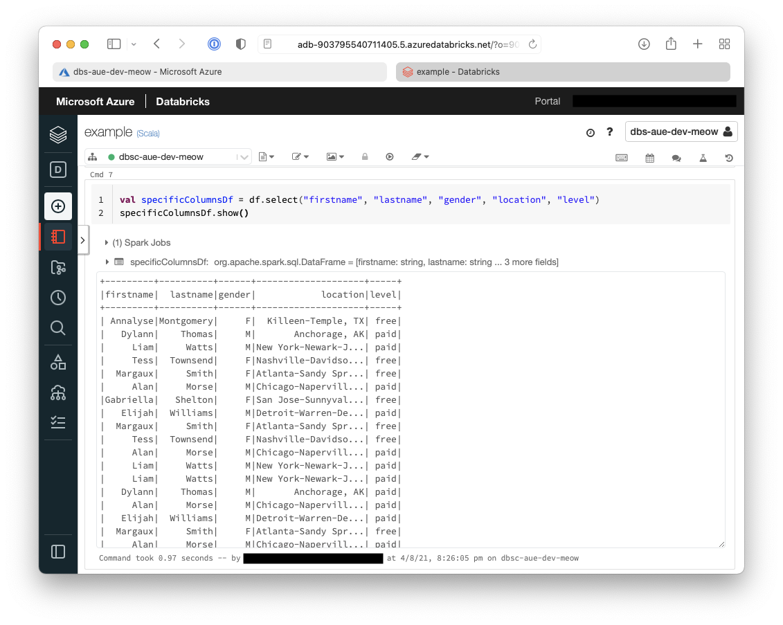 Databricks retrieve specific columns from dataframe