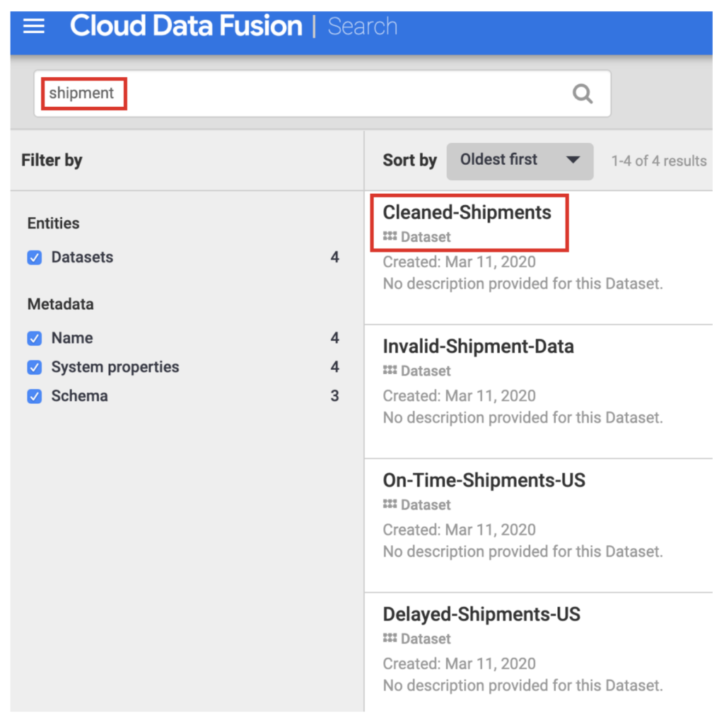 Google Cloud Data Fusion search function