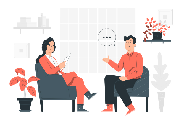 Illustration of two people sitting across from each other and one talking