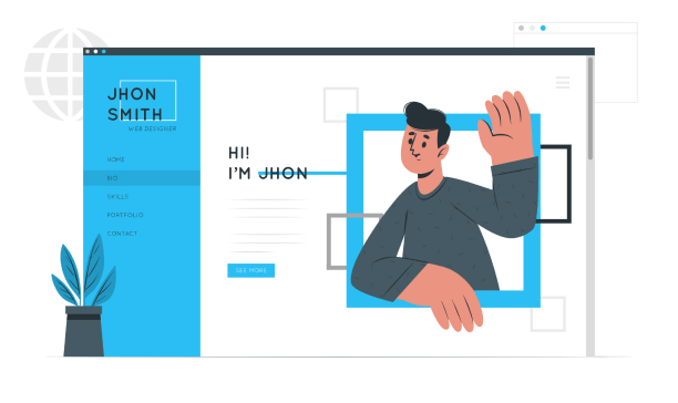 Illustration of a man waving popping out of his website