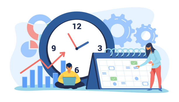 Illustration of people surrounded by large clock, graphs and calendar